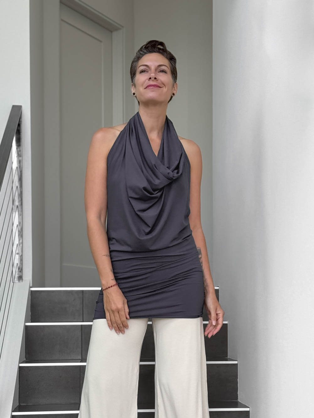 caraucci convertible steel gray draped shrug that converts into a cowl neck backless tunic #color_steel