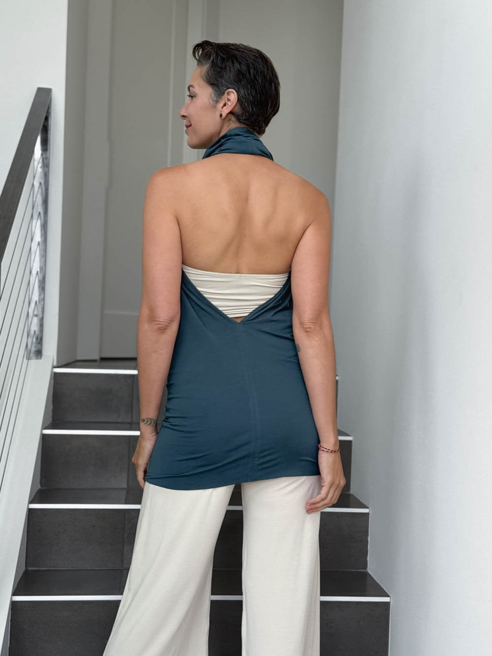caraucci convertible teal blue draped shrug that converts into a cowl neck backless tunic #color_teal