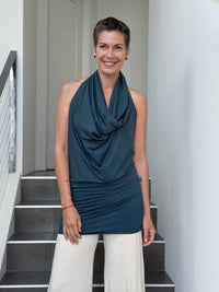 caraucci convertible teal blue draped shrug that converts into a cowl neck backless tunic #color_teal