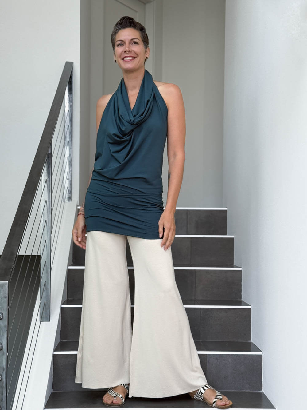 caraucci convertible teal blue draped shrug that converts into a cowl neck backless tunic #color_teal