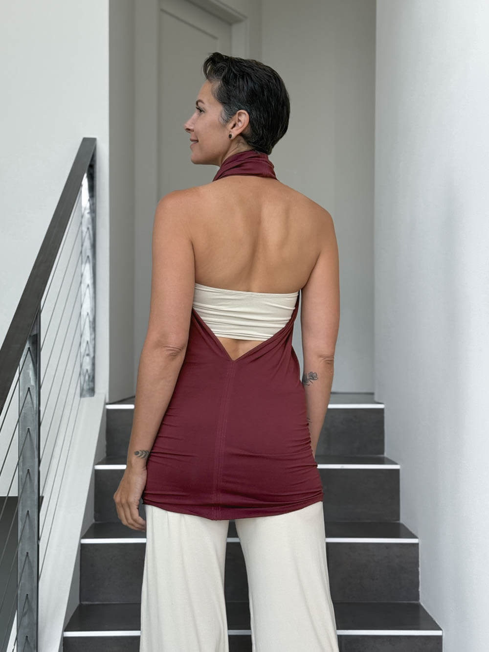 caraucci convertible maroon draped shrug that converts into a cowl neck backless tunic #color_wine
