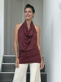 caraucci convertible maroon draped shrug that converts into a cowl neck backless tunic #color_wine