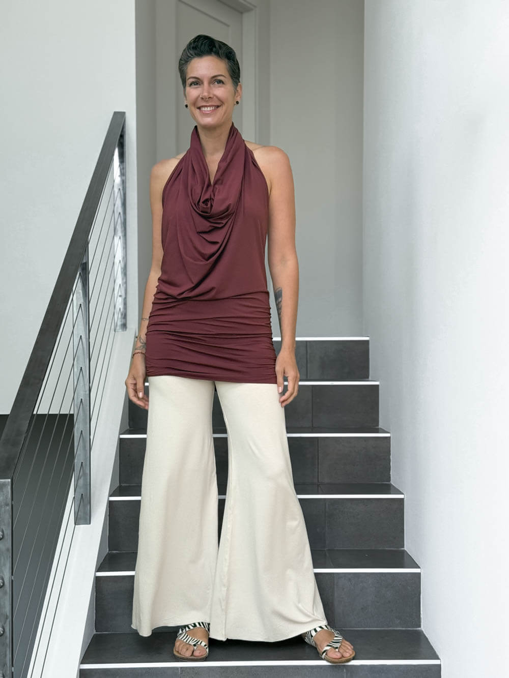 caraucci convertible maroon draped shrug that converts into a cowl neck backless tunic #color_wine
