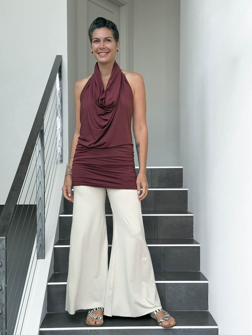 caraucci convertible maroon draped shrug that converts into a cowl neck backless tunic #color_wine