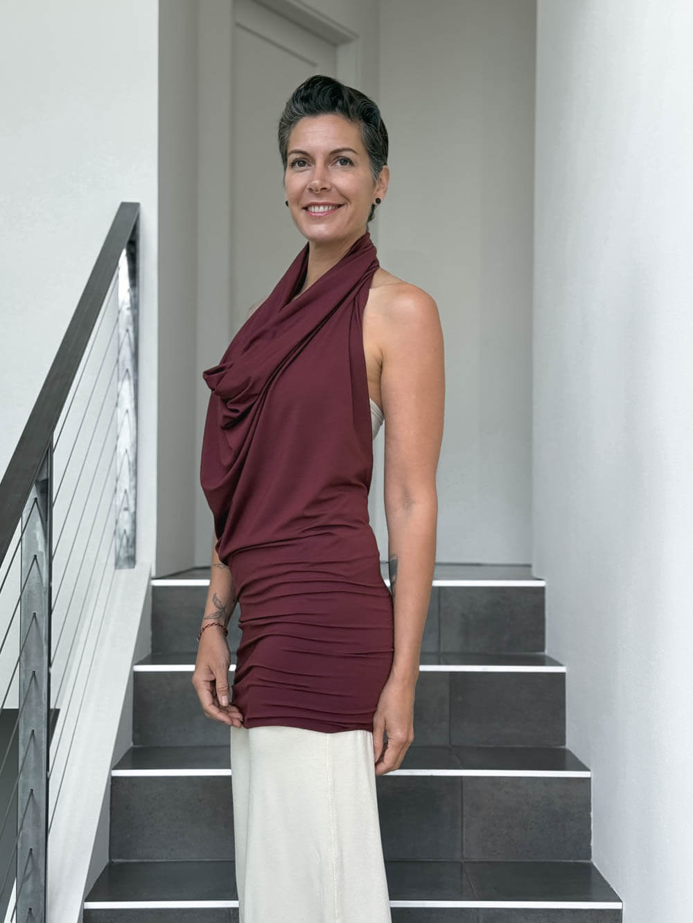 caraucci convertible maroon draped shrug that converts into a cowl neck backless tunic #color_wine