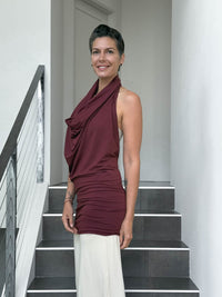 caraucci convertible maroon draped shrug that converts into a cowl neck backless tunic #color_wine