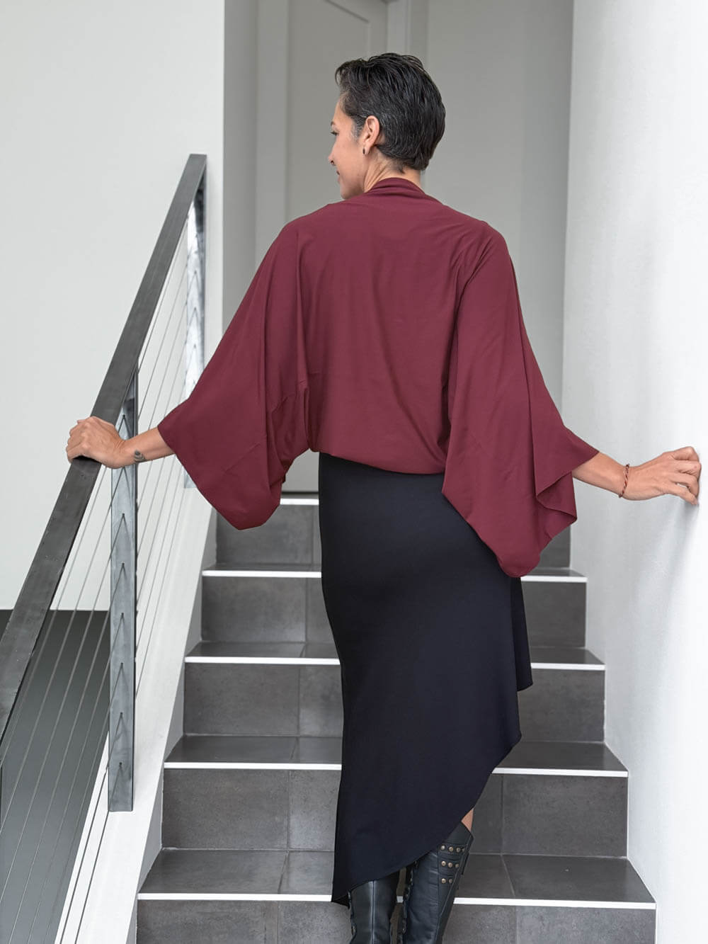 caraucci convertible maroon draped shrug that converts into a cowl neck backless tunic #color_wine