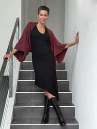 caraucci convertible maroon draped shrug that converts into a cowl neck backless tunic #color_wine