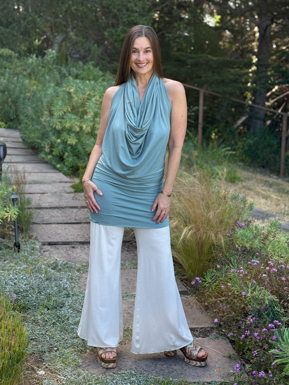 caraucci convertible moss green draped shrug that converts into a cowl neck backless tunic #color_moss