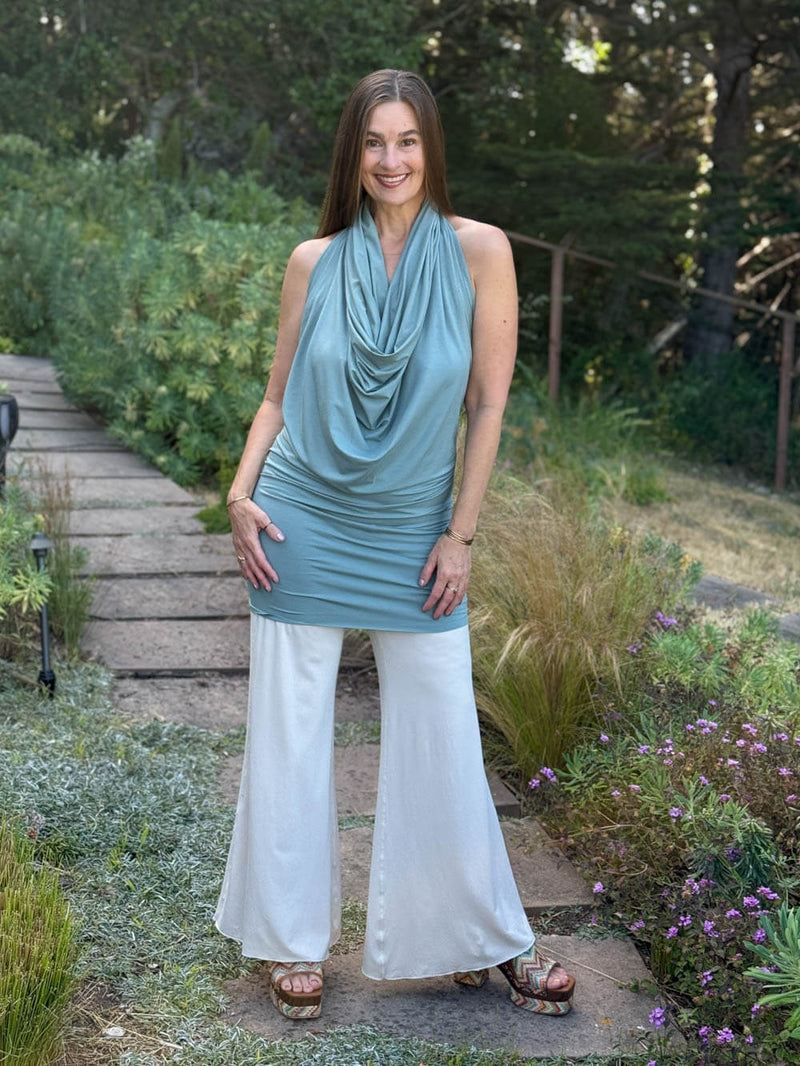caraucci convertible moss green draped shrug that converts into a cowl neck backless tunic #color_moss