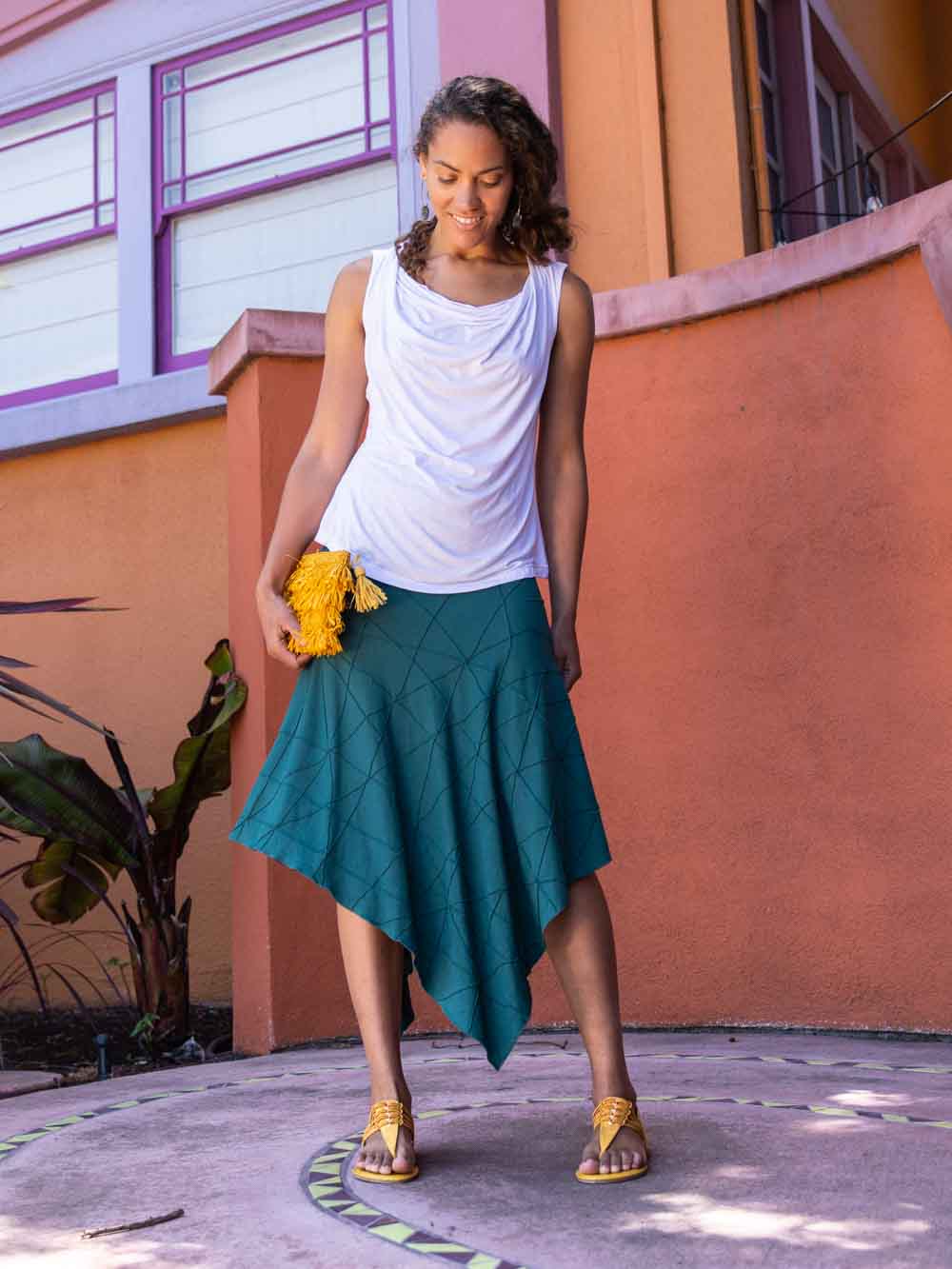 women's plant based rayon jersey stretchy asymmetrical jasper green midi skirt with fold-over waistband #color_jasper