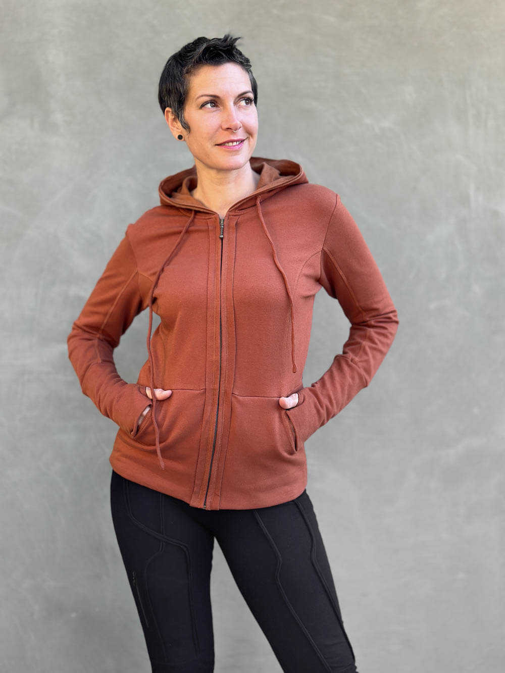 caraucci women's bamboo fleece orange zipper hoodie jacket with 2 front pockets #color_copper