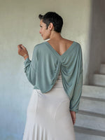 caraucci lightweight plant-based-rayon jersey sage green reversible long sleeve knot front shrug top #color_moss