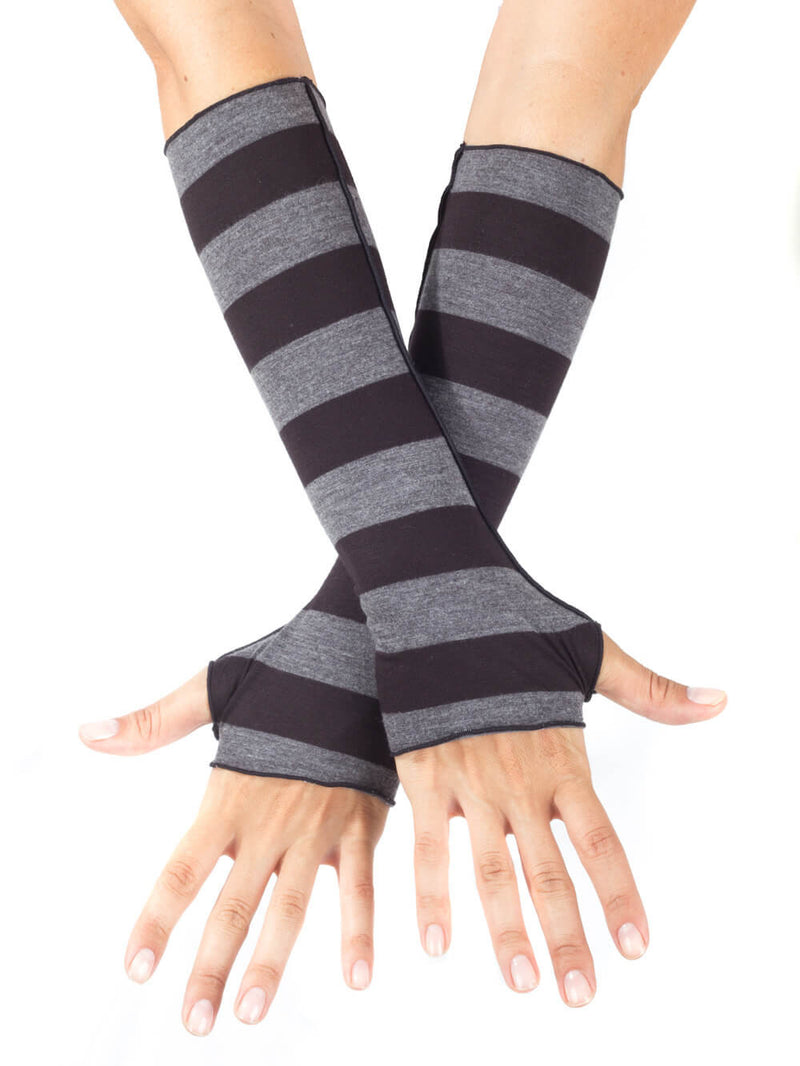 women's plant based rayon jersey stretchy black and grey striped fingerless gloves #color_black-grey