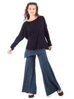 women's natural rayon jersey skirt over wide leg pants with raised diagonal stitching #color_teal