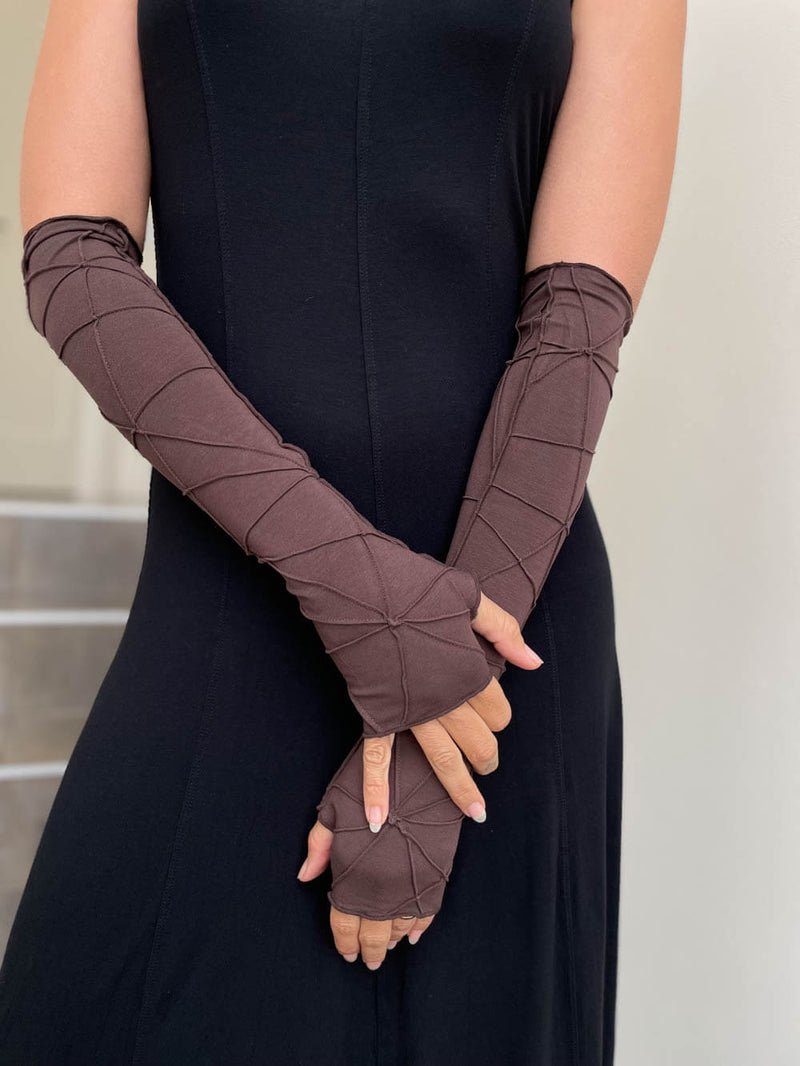 women's plant based rayon jersey stretchy opera length brown textured fingerless gloves #color_brown