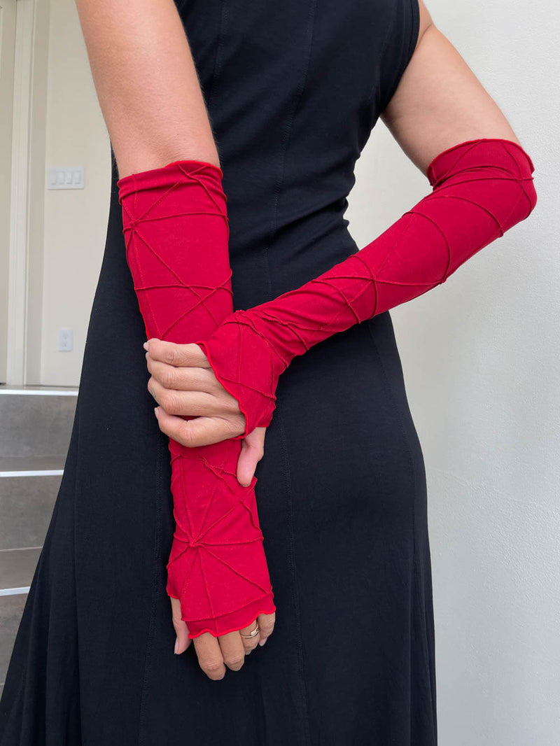 women's plant based rayon jersey stretchy opera length red textured fingerless gloves #color_red