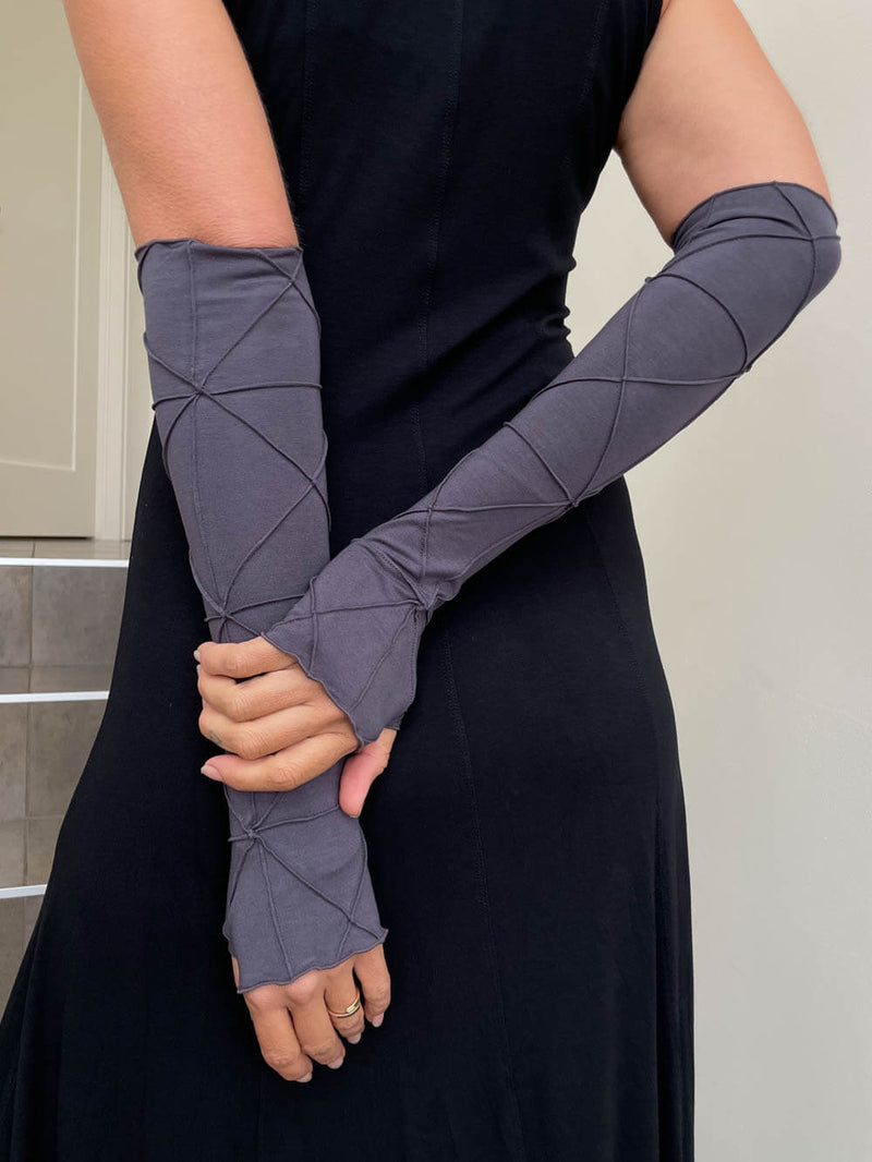 women's plant based rayon jersey stretchy opera length steel grey textured fingerless gloves #color_steel