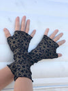 women's plant based rayon jersey stretchy reversible gold printed black fingerless gloves #color_black