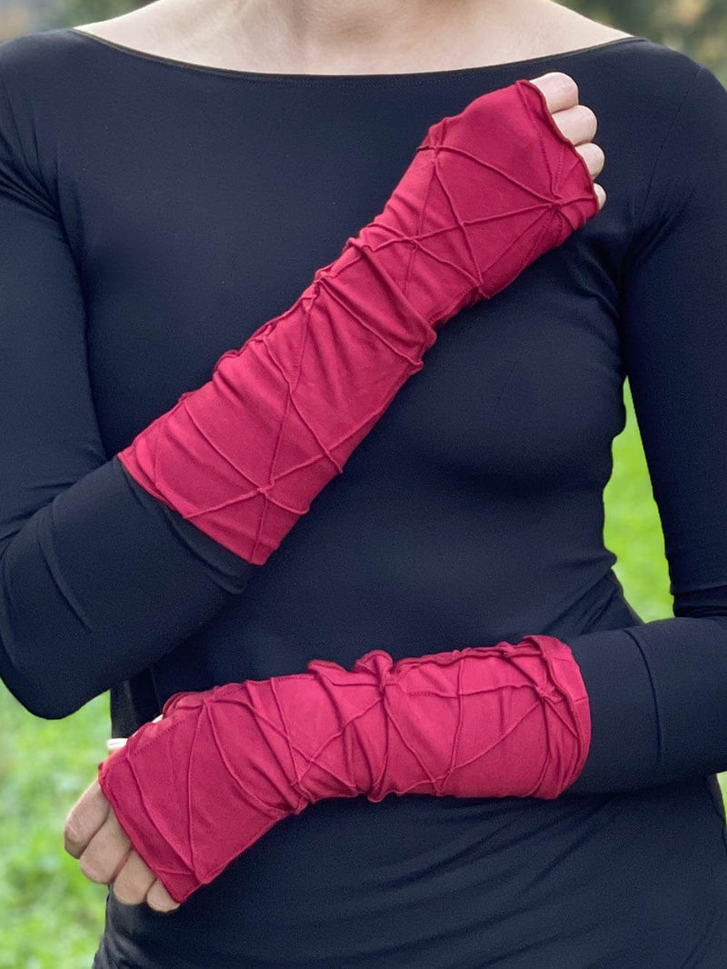 women's plant based rayon jersey stretchy scarlet red textured fingerless gloves #color_scarlet