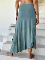 caraucci plant-based stretchy jersey pull-on convertible sage green asymmetrical midi skirt #color_moss