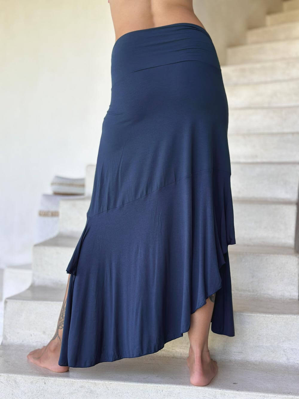 caraucci plant-based stretchy jersey pull-on convertible navy blue asymmetrical midi skirt #color_navy