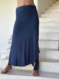 caraucci plant-based stretchy jersey pull-on convertible navy blue asymmetrical midi skirt #color_navy