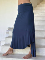 caraucci plant-based stretchy jersey pull-on convertible navy blue asymmetrical midi skirt #color_navy