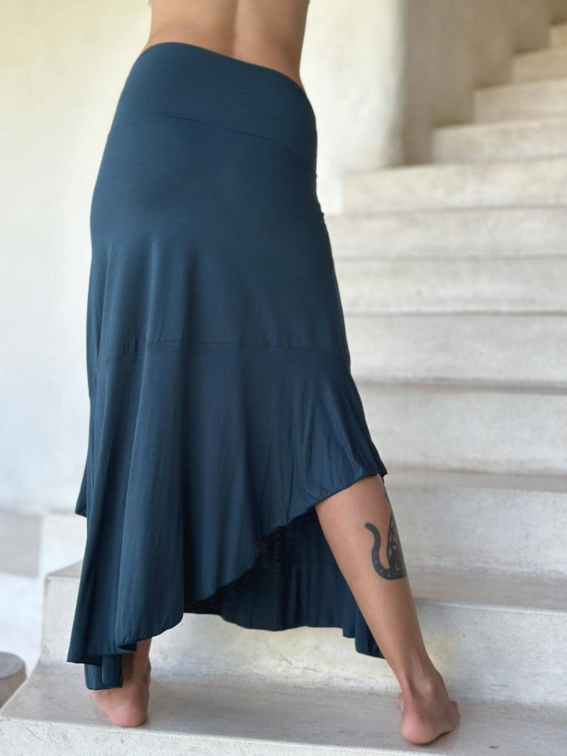 caraucci plant-based stretchy jersey pull-on convertible teal blue asymmetrical midi skirt #color_teal
