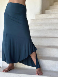 caraucci plant-based stretchy jersey pull-on convertible teal blue asymmetrical midi skirt #color_teal