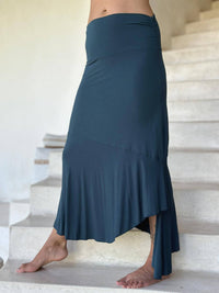 caraucci plant-based stretchy jersey pull-on convertible teal blue asymmetrical midi skirt #color_teal