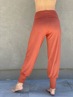 caraucci women's natural jersey comfortable loose fit orange slim jogger pants with fold over waistband  #color_copper