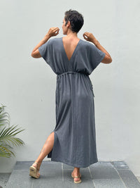 caraucci cotton v-neck loose fit short sleeve grey dress with drawstring waist #color_carbon