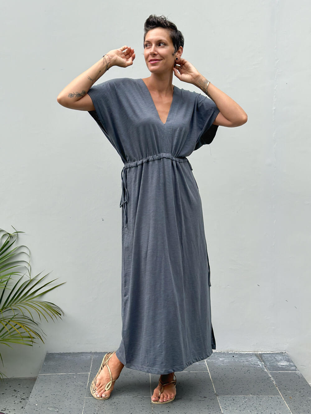 caraucci cotton v-neck loose fit short sleeve grey dress with drawstring waist #color_carbon