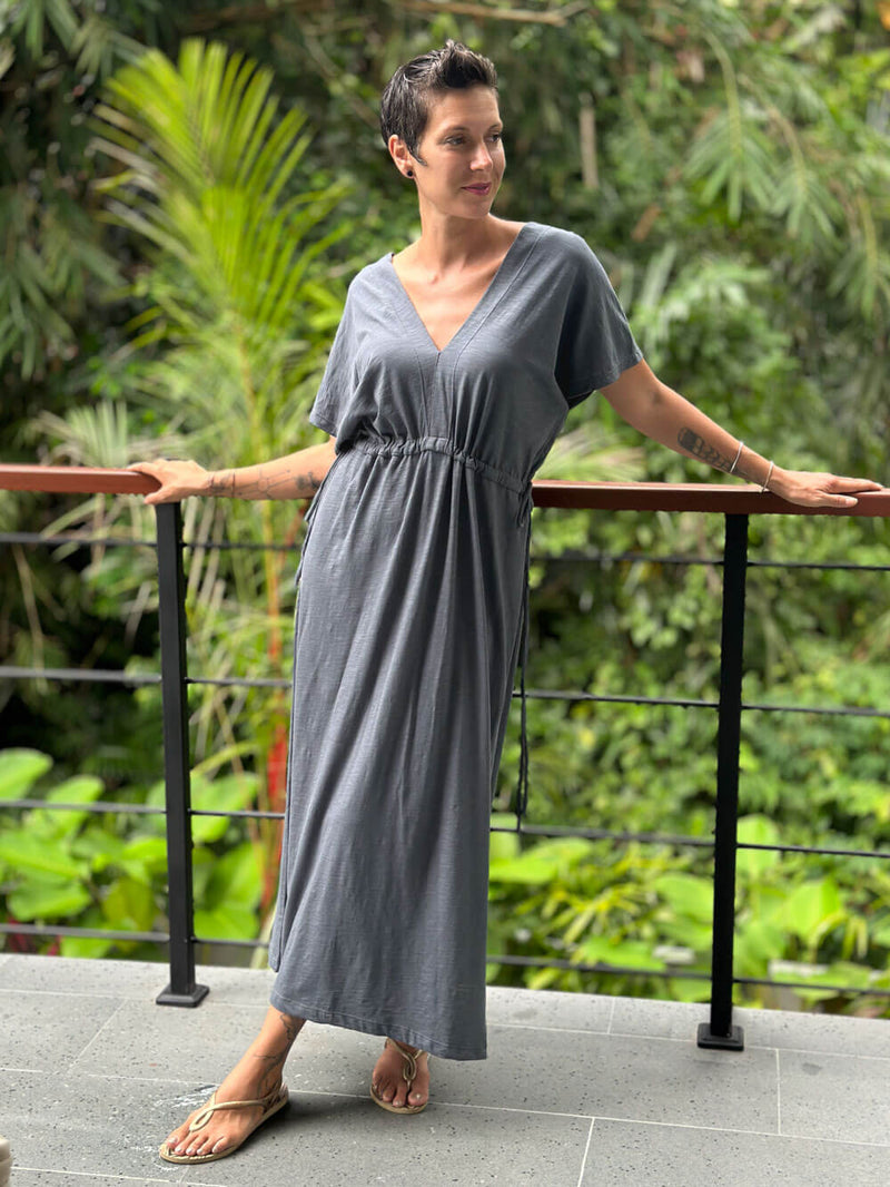 caraucci cotton v-neck loose fit short sleeve grey dress with drawstring waist #color_carbon
