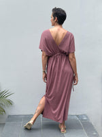 caraucci cotton v-neck loose fit short sleeve pink dress with drawstring waist #color_mangosteen
