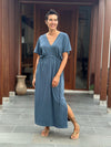 caraucci cotton v-neck loose fit short sleeve blue dress with drawstring waist #color_pacific