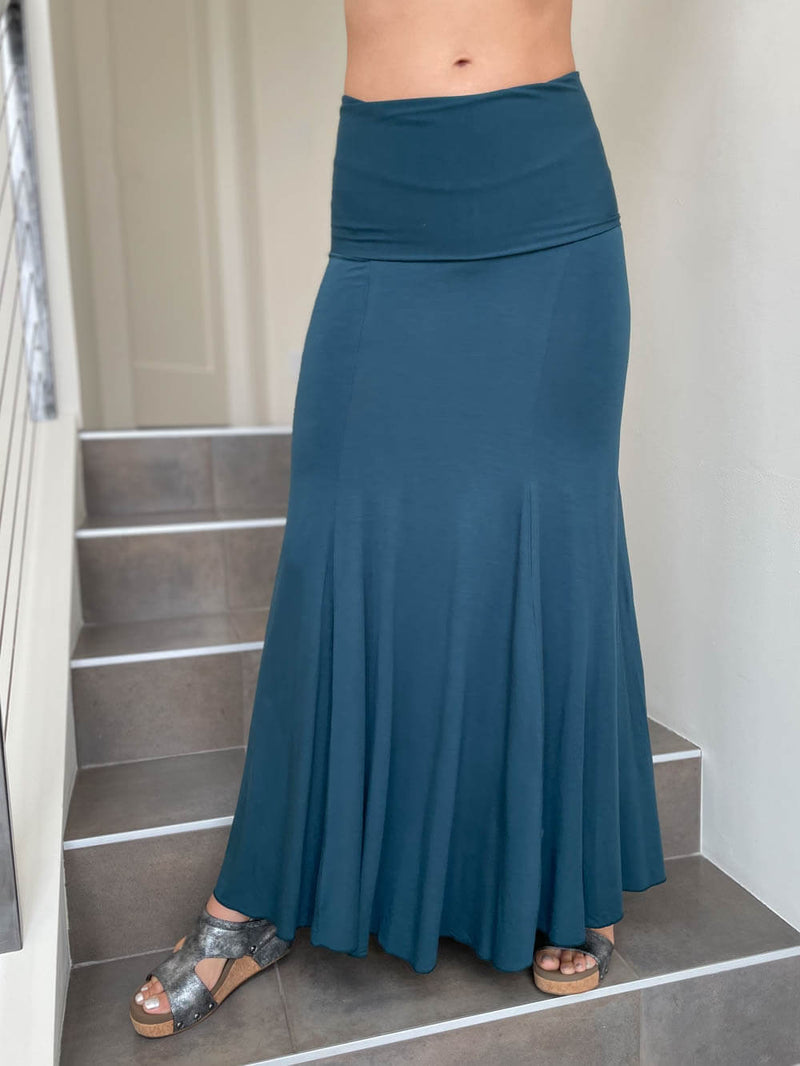 women's plant based rayon jersey stretchy teal blue hourglass convertible maxi skirt and dress #color_teal