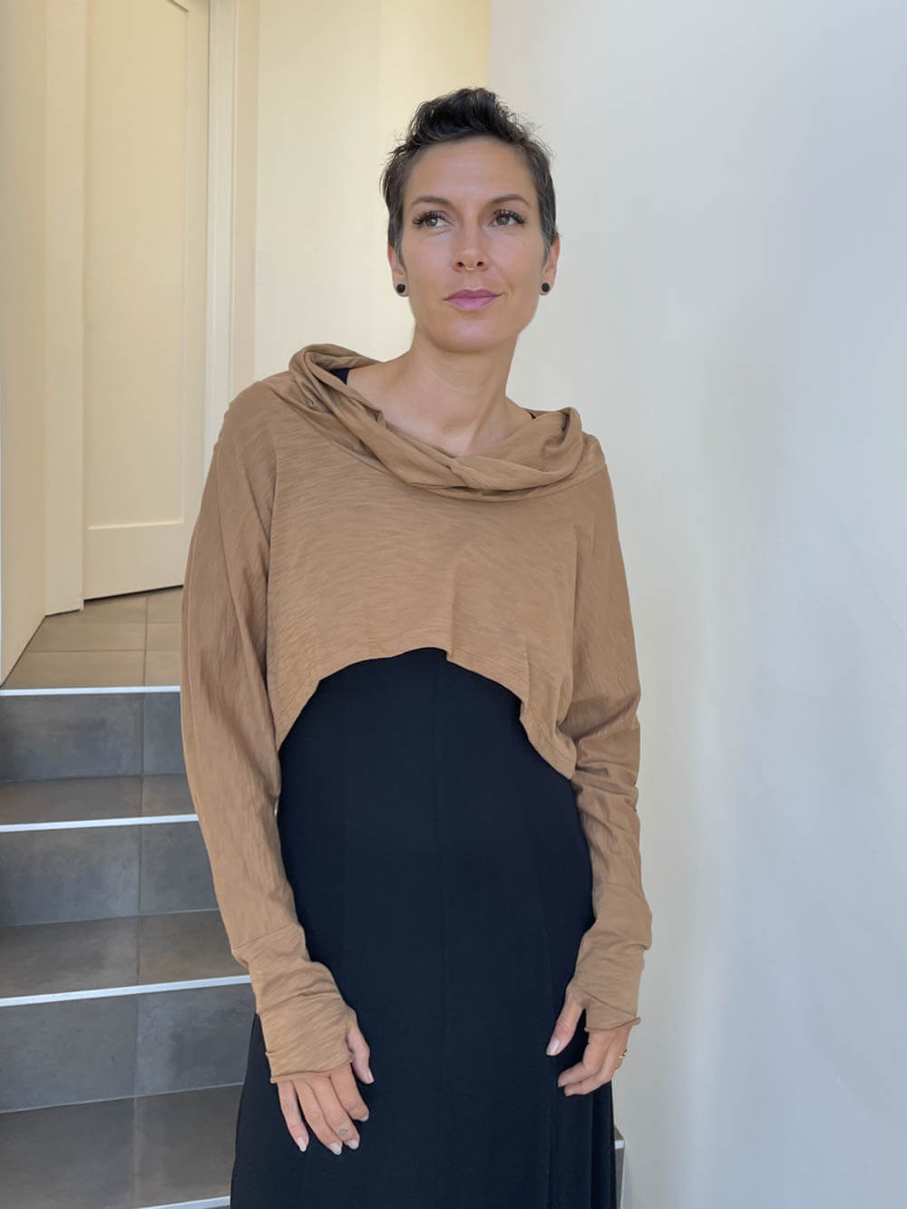 caraucci gold cotton long dolman sleeve cowl neck cropped top #color_camel