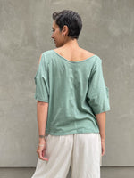 caraucci soft pima cotton sage green peekaboo sleeve loose fit tee shirt #color_moss