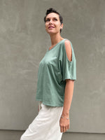 caraucci soft pima cotton sage green peekaboo sleeve loose fit tee shirt #color_moss