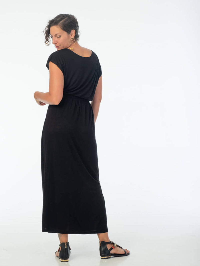 women's plant based lightweight black travel dress with side slits and elastic waist #color_black