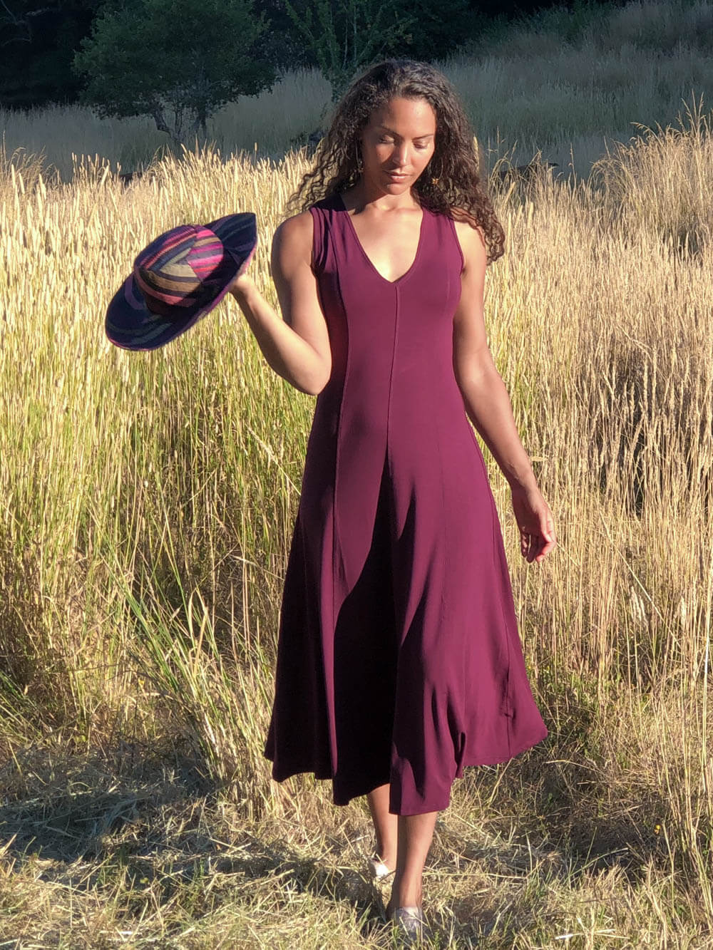 women's plant based rayon jersey stretchy purple v-neck midi dress with raised detailed stitching #color_jam