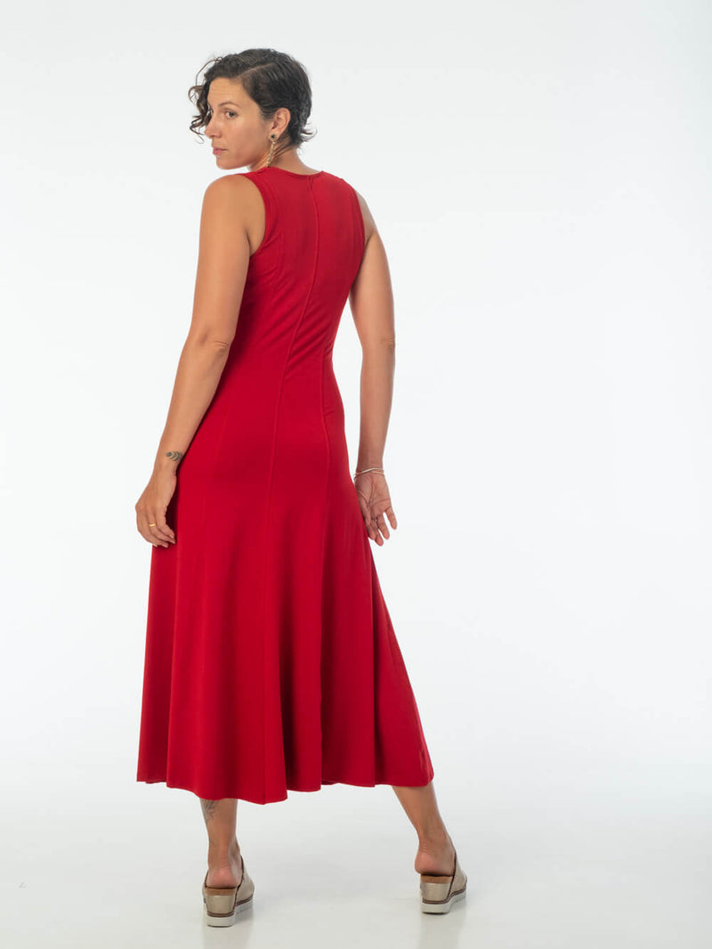 women's plant based rayon jersey stretchy red v-neck midi dress with raised detailed stitching #color_red