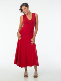 women's plant based rayon jersey stretchy red v-neck midi dress with raised detailed stitching #color_red