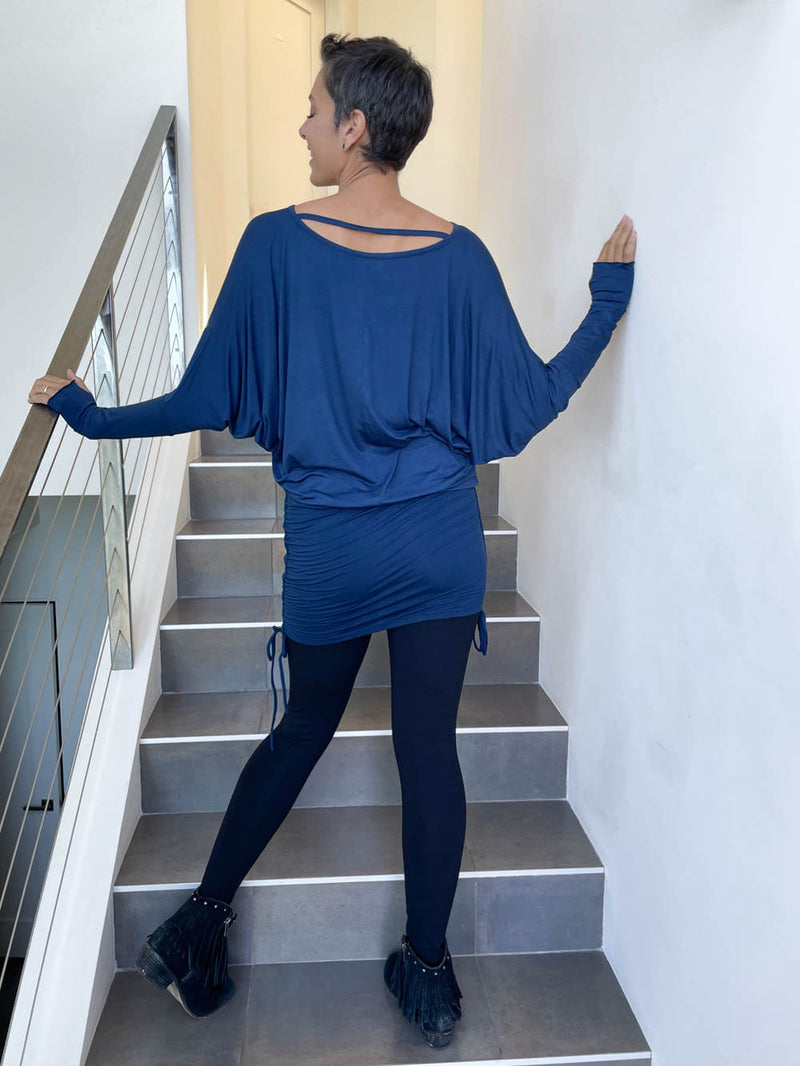 caraucci women's oversized navy blue dolman sleeve dress or tunic with adjustable side ruching #color_navy