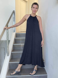 caraucci lightweight loose fit black high neck maxi dress #color_black