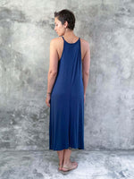 caraucci lightweight loose fit navy high neck maxi dress #color_navy