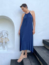 caraucci lightweight loose fit navy high neck maxi dress #color_navy