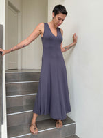 women's plant based rayon jersey stretchy steel grey v-neck midi dress with raised detailed stitching #color_steel